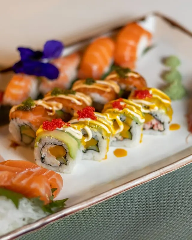 Close-up of maki rolls with salmon and tobiko